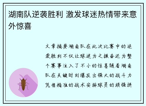 湖南队逆袭胜利 激发球迷热情带来意外惊喜