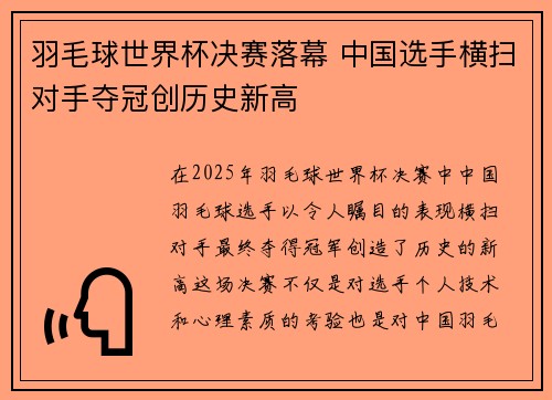 羽毛球世界杯决赛落幕 中国选手横扫对手夺冠创历史新高